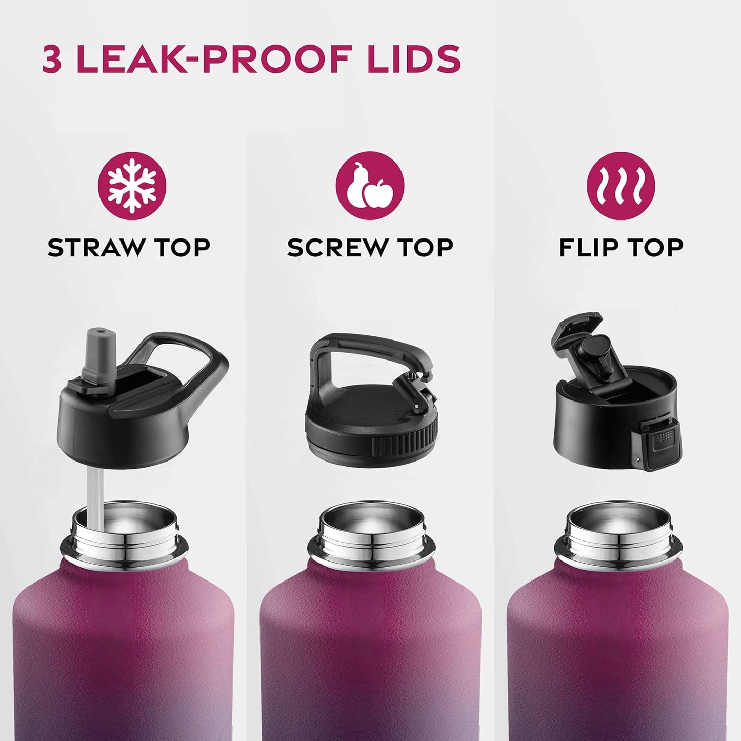 FineDine Water Bottle - Stainless Steel Insulated Water Bottle with Straw Lid, Flip Lid & Wide-Mouth Cap - Keeps Hot and Cold - 25 Oz / 739ml - Pure Pearly White