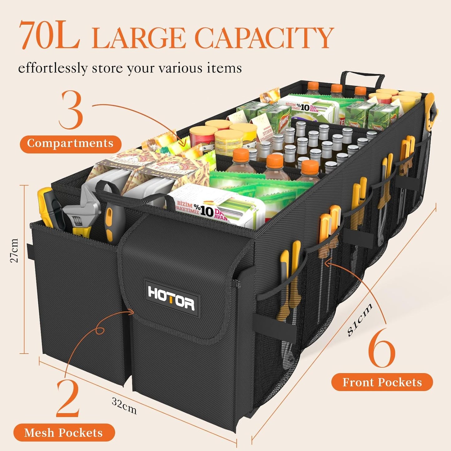 HOTOR Trunk Organizer - Car Organizer, Foldable Trunk organizer for SUVs & Sedans, Car Accessories, Tools, Sundries, 2 Compartments, Black