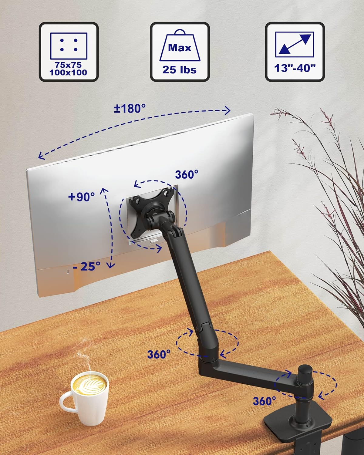ErgoUnion Dual Monitor Stand for Desk, Vertical Dual Monitor Mount with Wide Range of Motion, Dual Monitor Arm for 17-40" Screen up to 25 lbs Each, Computer Monitor Stand for 2 Monitors - Black