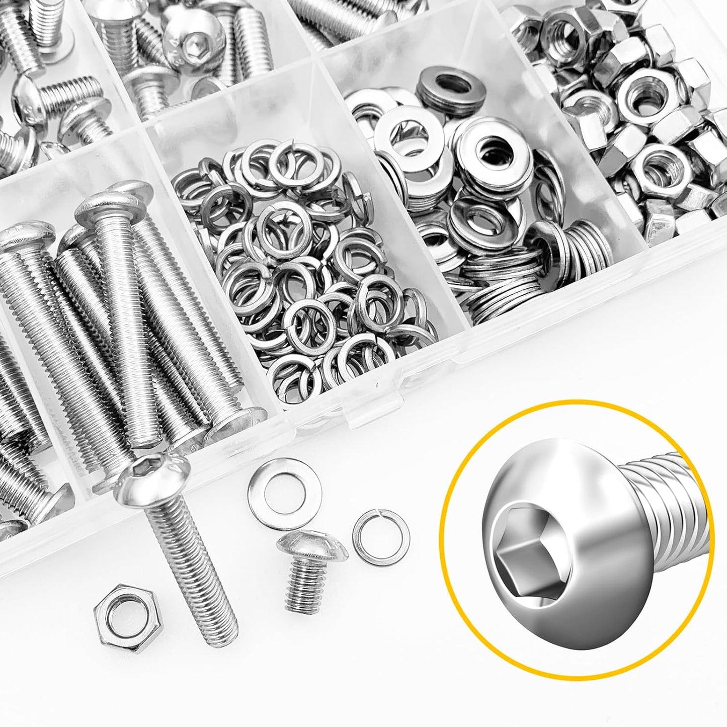 Mywish 900Pcs Metric Screw Assortment, M3 M4 M5 M6 Screw Assortment Kit 304 Stainless Steel Hex Socket Button Head Socket Cap Metric Screws Bolts & Flat Washers/Nuts/Hex Wrenches 16 Sizes 8MM to 20MM