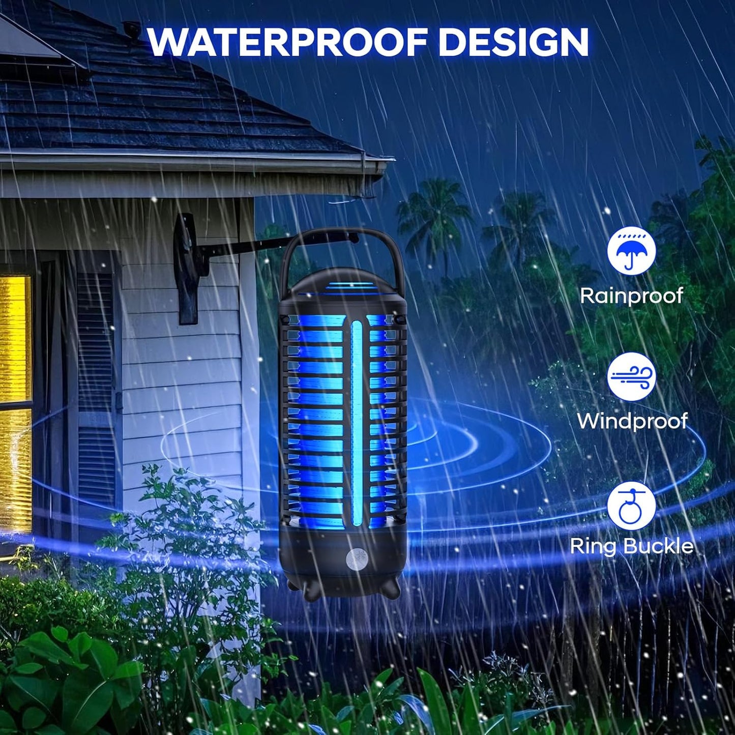 Bug Zapper Outdoor, Rechargeable Mosquito Zapper Indoor with LED Light, Portable IP66 Waterproof 3600mAh Electric Fly Zapper with Hook for Home, Garden, Patio, Backyard - Black