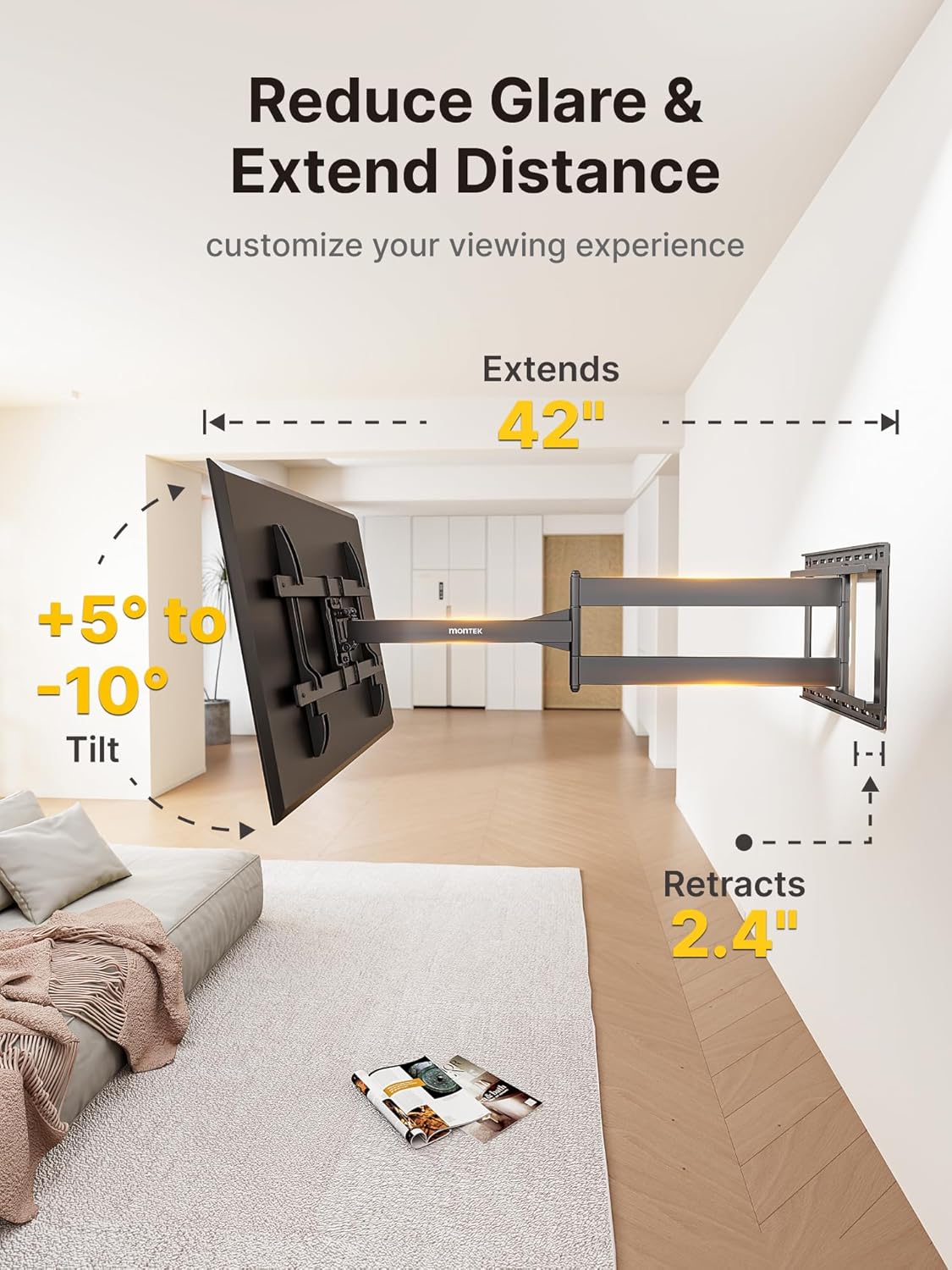 monTEK Long Arm TV Wall Mount for Most 43-90 Inch TVs, 42.5 Inch Long Extension TV Mount Swivel and Tilt, Full Motion Wall Mount TV Bracket Fit Max VESA 800 x 400mm, Up to 132 lbs, 16”,18” Studs