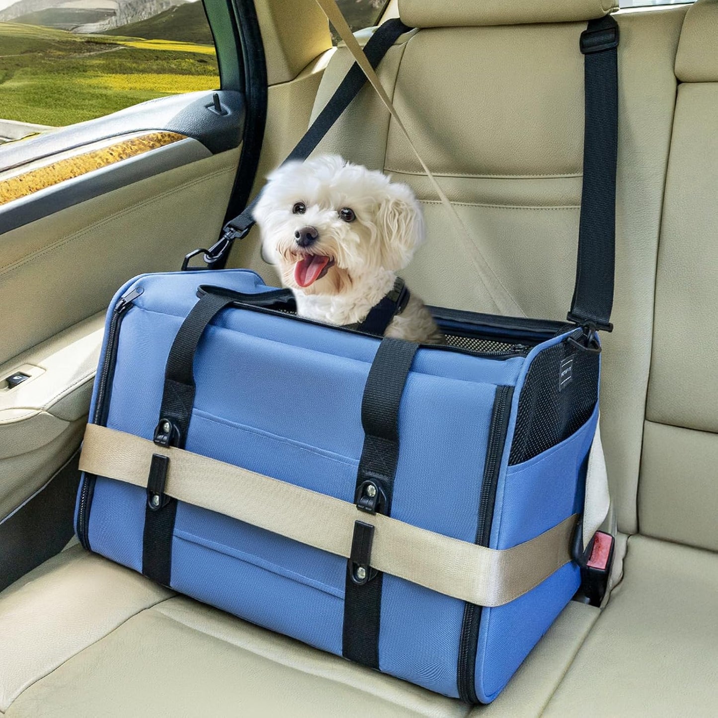 Petsfit Pet Carrier Airline Approved, Soft-Sided Cat Carrier with Patented Car Buckle, Lightweight and Collapsible with Adjustable Shoulder Strap, Soft Cushion,Green
