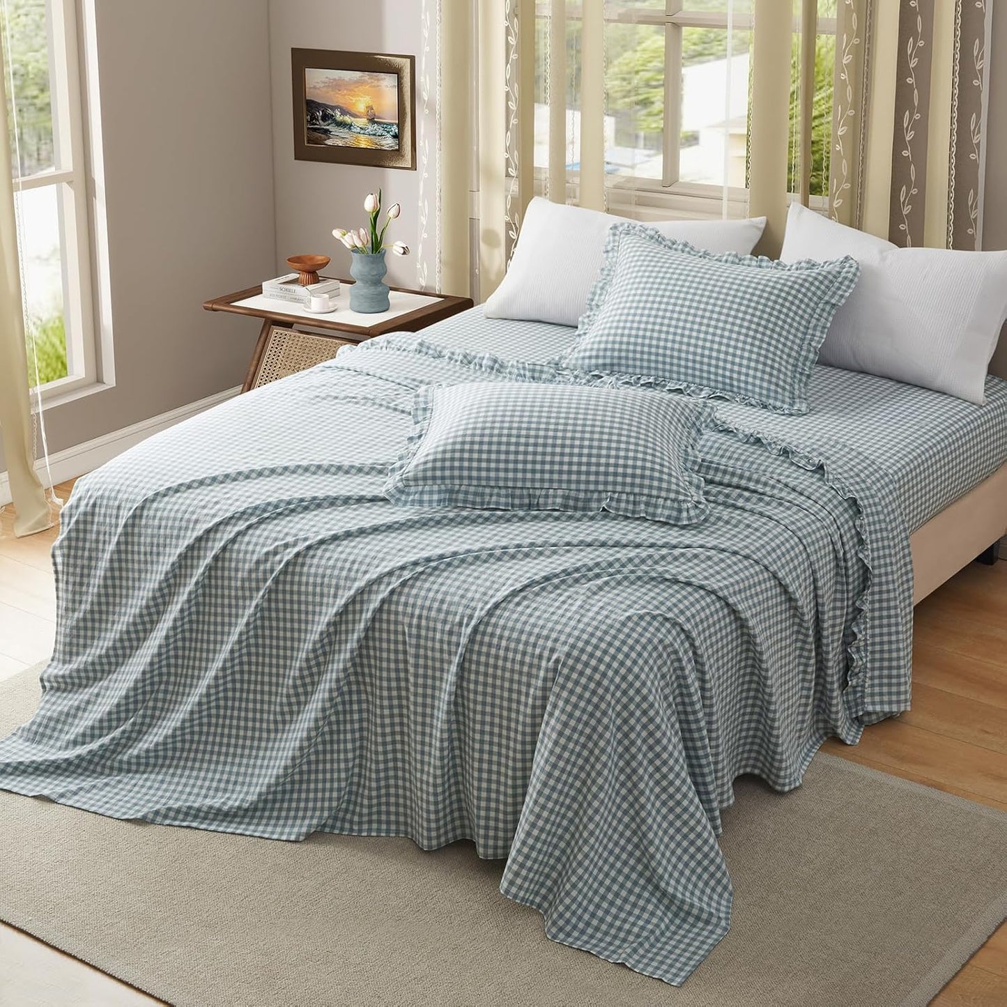 KKJIAF 3 Pieces Plaid Ruffle Twin Bed Sheets, Gingham Twin Sheet Set Comfy Breathable Ruffed Bed Sheet Set with 16 Inch Deep Pocket, Dusty Blue