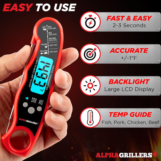 Alpha Grillers Meat Thermometer Digital - Instant Read Food Thermometer for Cooking Grilling Air Fryer Griddle Probe Kitchen Gadgets Essentials BBQ Accessories Grill Gifts for Men Him Dad Birthday - PuriLite