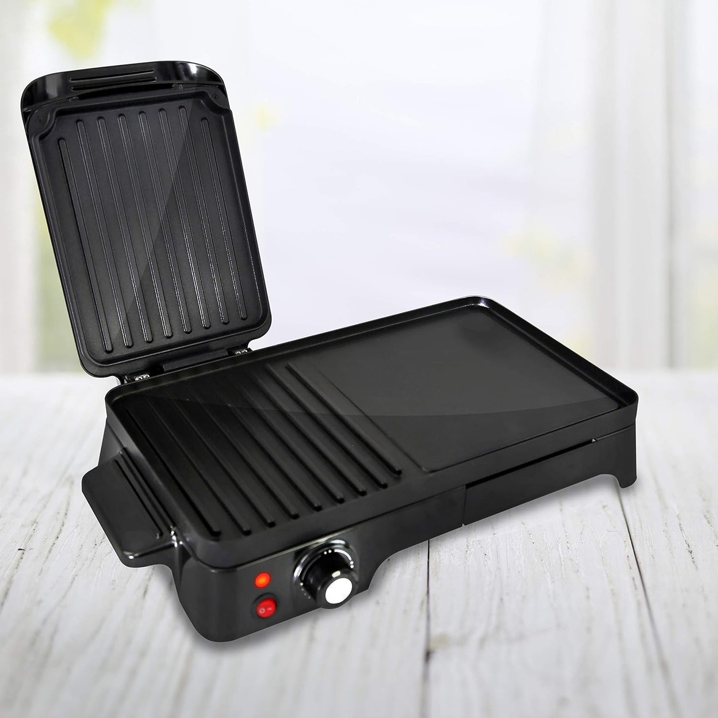 NutriChef Electric Griddle - Dual Hot Plate Cooktop Crepe Maker with Press Grill, Nonstick Coating, Rotary Temperature Control, Plug-in Operation & Oil Tray for Kitchen & Countertop (PKGRIL43)