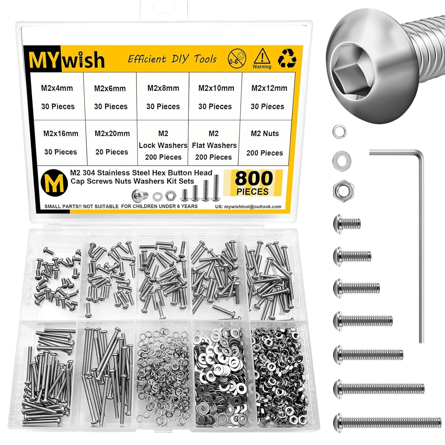 Mywish 900Pcs Metric Screw Assortment, M3 M4 M5 M6 Screw Assortment Kit 304 Stainless Steel Hex Socket Button Head Socket Cap Metric Screws Bolts & Flat Washers/Nuts/Hex Wrenches 16 Sizes 8MM to 20MM