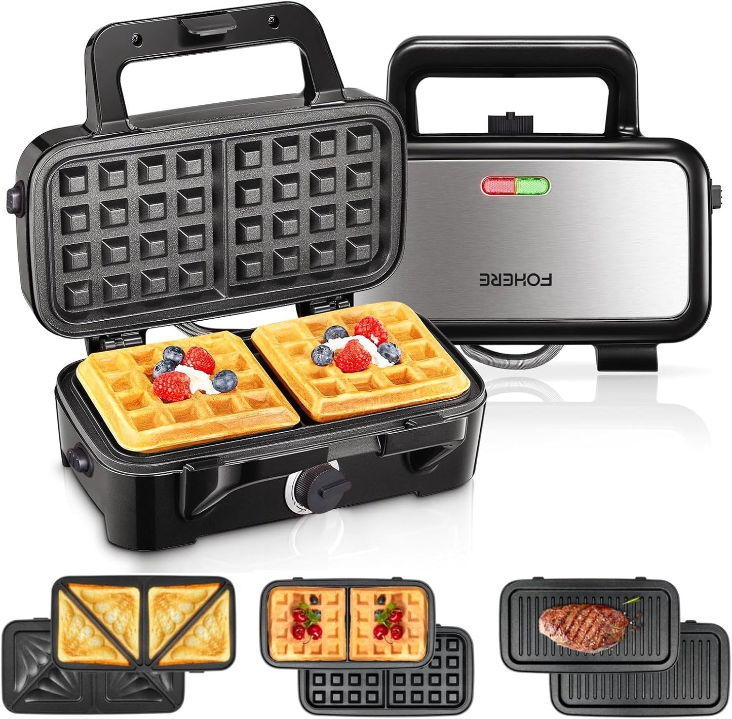 FOHERE 3-in-1 Waffle Maker, Sandwich Maker, Panini Press with Removable Plates, 5-Gear Temperature, LED Indicator Lights, Portable Handle, 1200W Belgian Electric Grill Cheese Machine