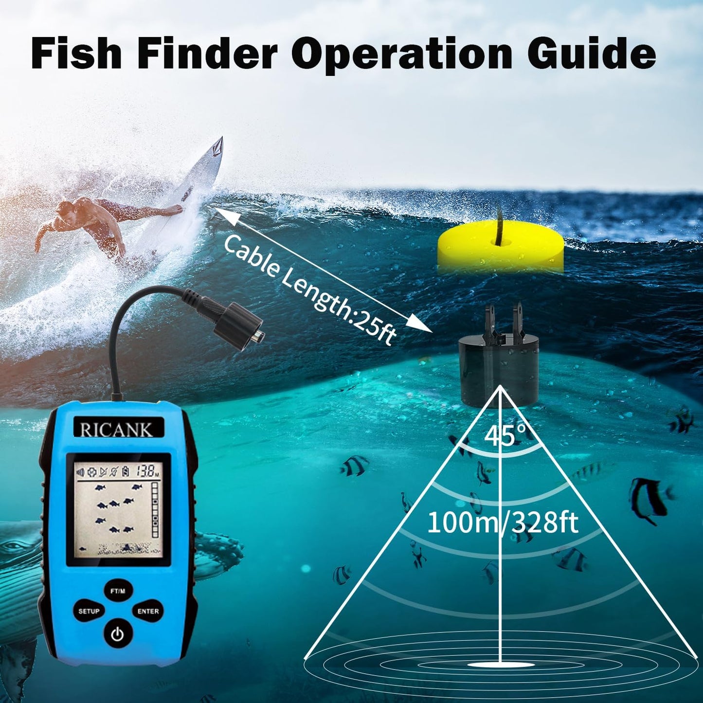 RICANK Portable Fish Finder, Handheld Fish Depth Finder Contour Readout Fishfinder Ice Kayak Shore Boat Fishing Fish Detector Device with Sonar Sensor Transducer and LCD Display Gear Fish Depth Finder