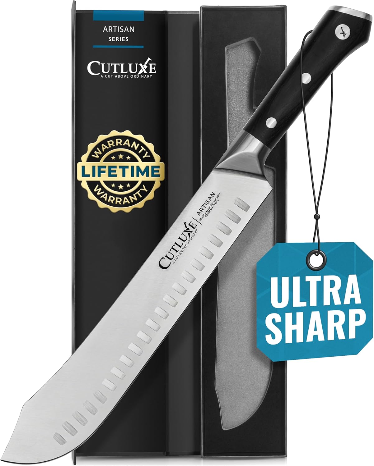 Cutluxe Butcher Knife – 10″ Cimeter Breaking Knife, Razor Sharp Forged High Carbon German Steel, Full Tang Carving Knife, Ergonomic Handle Design – Artisan Series