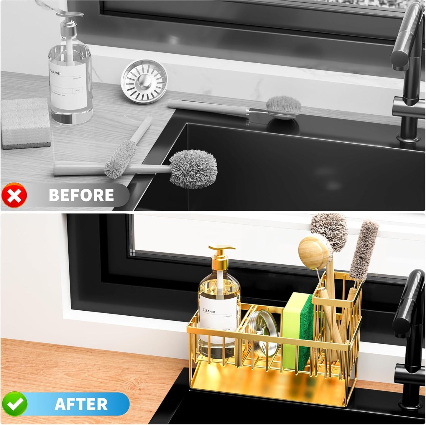 Cisily Kitchen Sink Caddy Organzier with High Brush Holder, Sponge Holder for Sink, 304 Rustproof Stainless, Kitchen Countertop Soap Dispenser Organizer, Kitchen Decor and Accessories (Black)