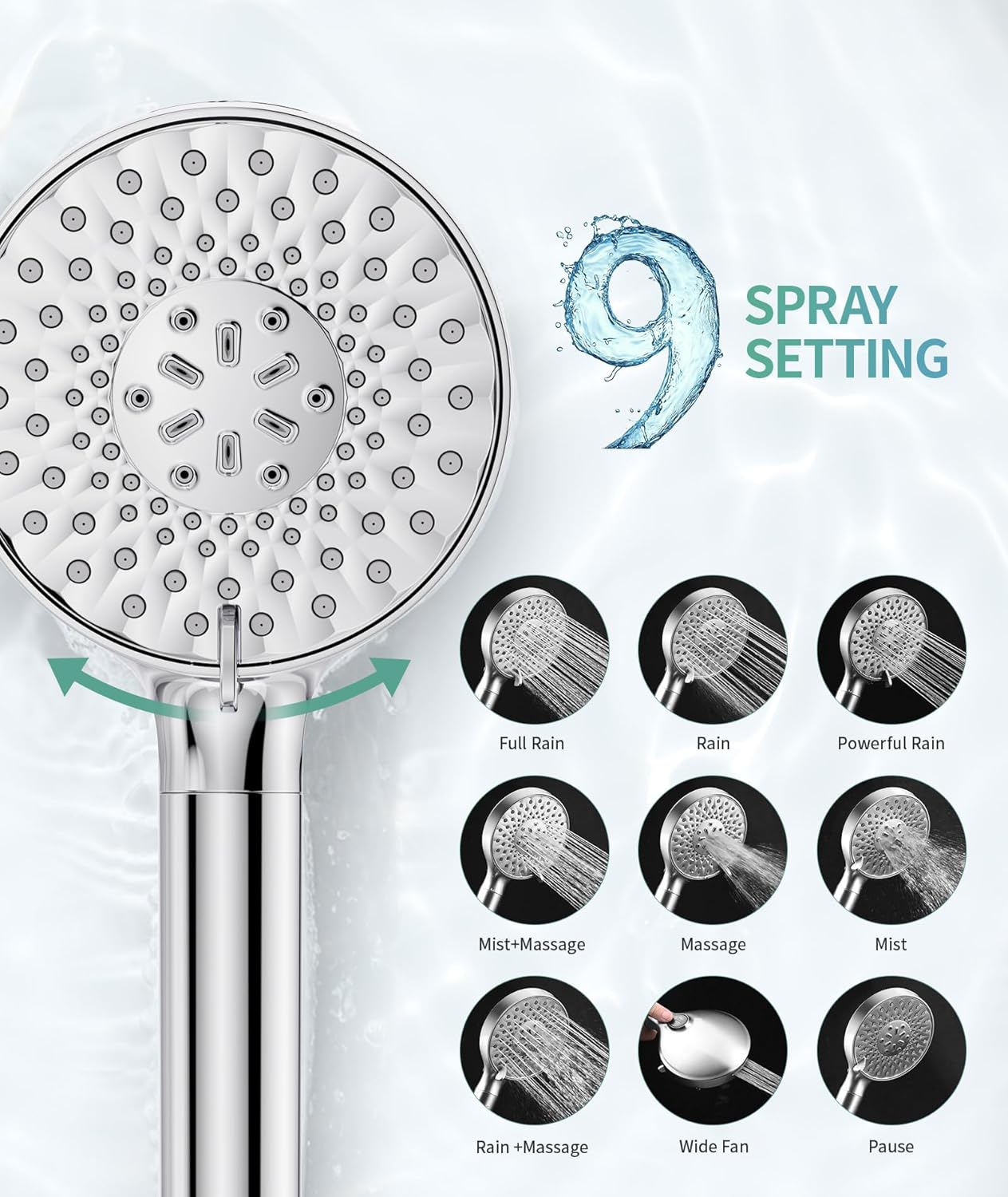 Filtered Shower Head with Handheld, High Pressure 9 Spray Mode Chrome Showerhead with Filters,Detachable Shower Head,Water Softener Filters Beads for Hard Water -Remove Chlorine