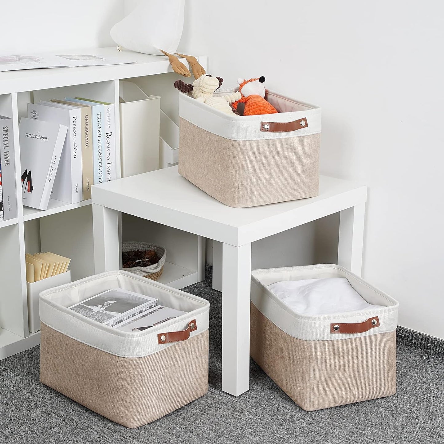 DULLEMELO Storage Baskets for Shelves, Fabric Collapsible Rectangular Storage Bins for Shelves, Closets, Nursery, Home, Office, Empty Gift Baskets (White&Teal)