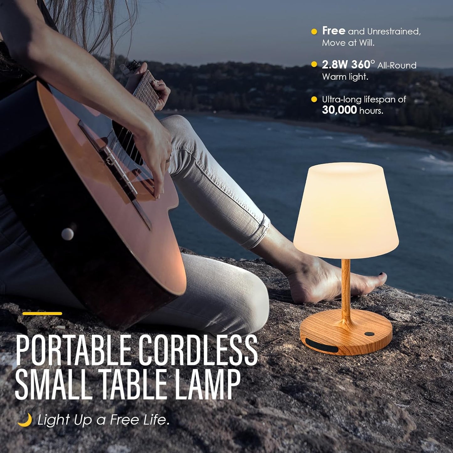 Cordless Outdoor Touch Table Lamp, Waterproof Small Shower Lamp, 4000mAh Battery Operated Rechargeable Dimmable Desk Lamp for Patio, Restaurant, Camping, Home-Wood Grain