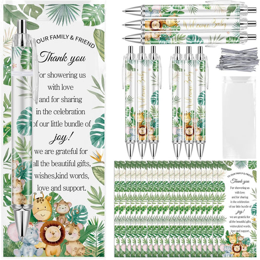Lebsitey 50 Sets Pen Baby Shower Favors Gifts for Guests Includes 50 Rolling Paper Ballpoint Pens and 50 Greeting Thank You Bookmarks Baby Shower Party Favors (Safari) - PuriLite