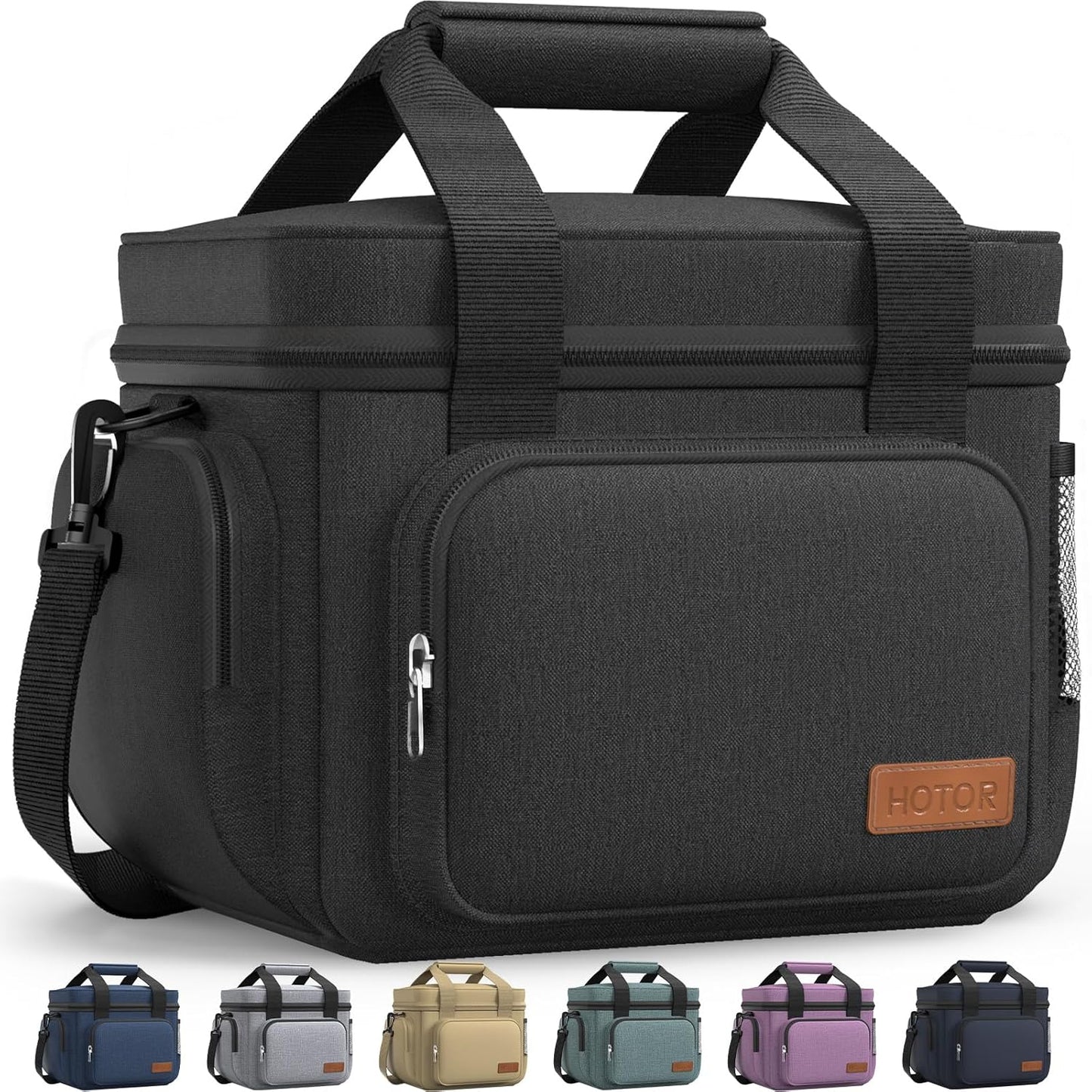 HOTOR Lunch Box for Men and Women - Leak-Proof Insulated Lunch Bag with Adjustable Shoulder Strap, Cooler Lunch Bag for Office, Picnic, Hiking, Beach, 1 Layer, Black, 11.0" x 7.1" x 8.3"
