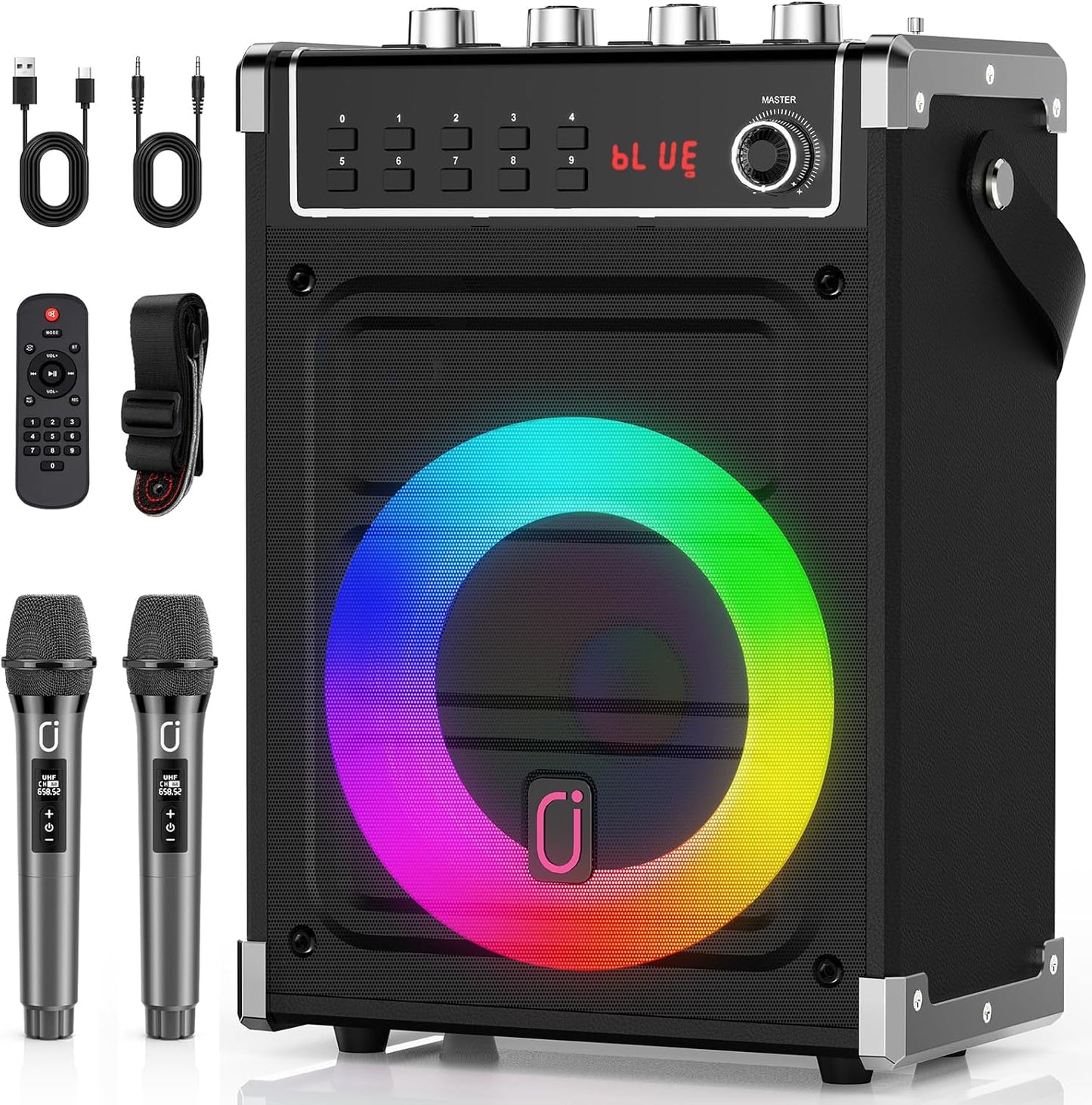 JYX Karaoke Machine with Two Wireless Microphones, Portable Bluetooth Speaker with Bass/Treble Adjustment, Remote Control and LED Lights, Supports TF Card/USB, AUX in, FM, REC for Party