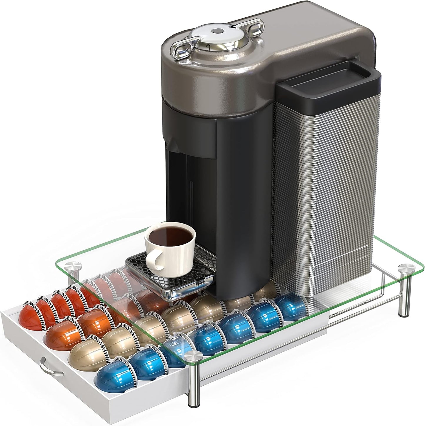 DecoBrothers Vertuo Pod Holder VertuoLine Drawer Storage for Nespresso Coffee Capsules, Crystal Tempered Glass, White