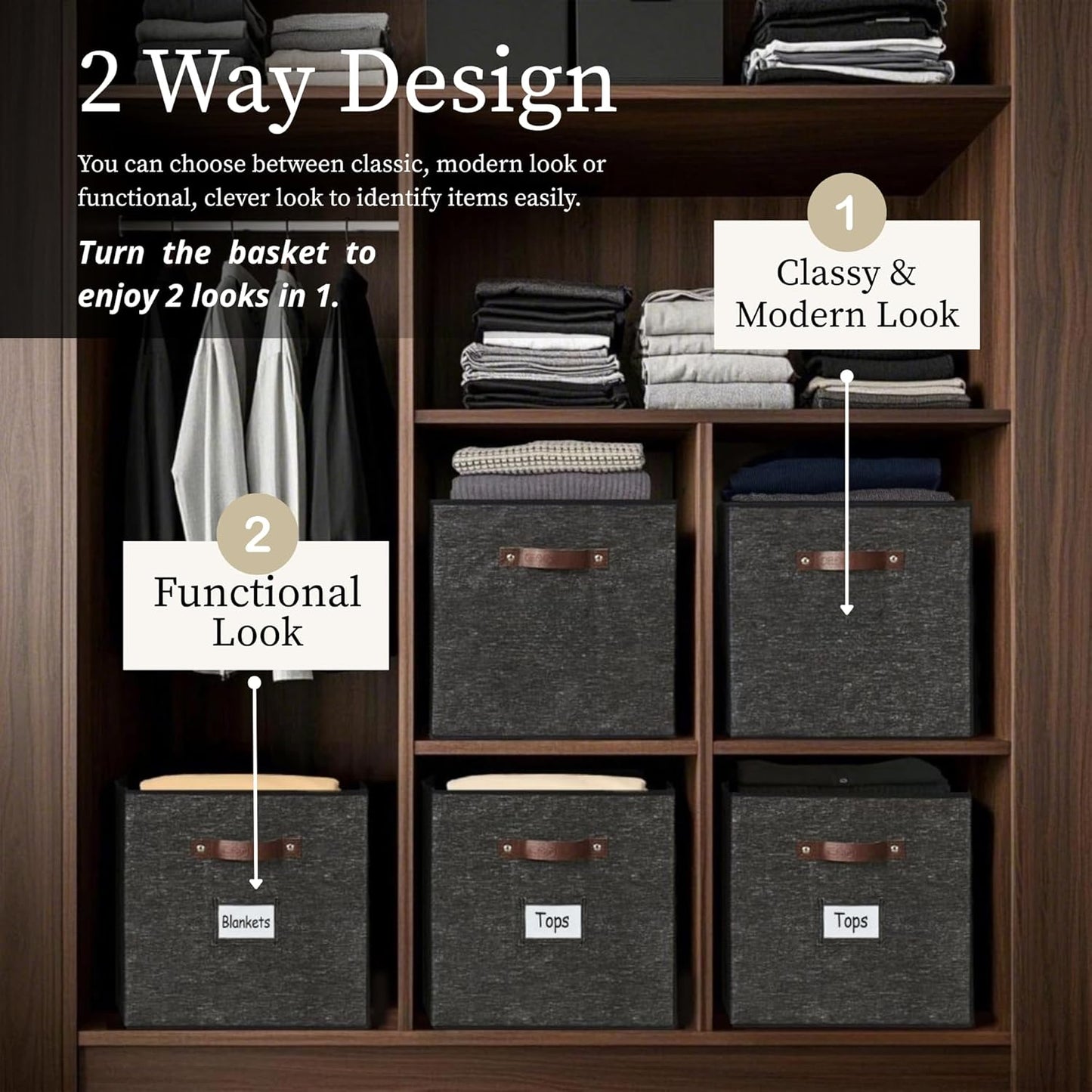 DECOMOMO Cube Storage Bin, Storage Cubes with Labels, Baskets for Shelves Kallax Linen Closet Organizers (Cube 10.5x11"/ 6pcs, Black)
