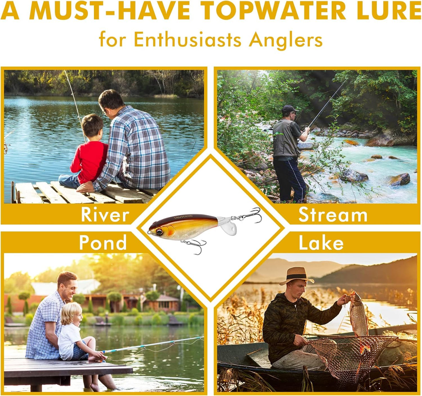 TRUSCEND PoPobait with BKK Hooks, Top Water Plopper Fishing Lures for Bass Walleye Pike Catfish Musky Perch, Floating Lure for Freshwater or Saltwater, Amazing Teasers Fishing Gifts for Family Fishing