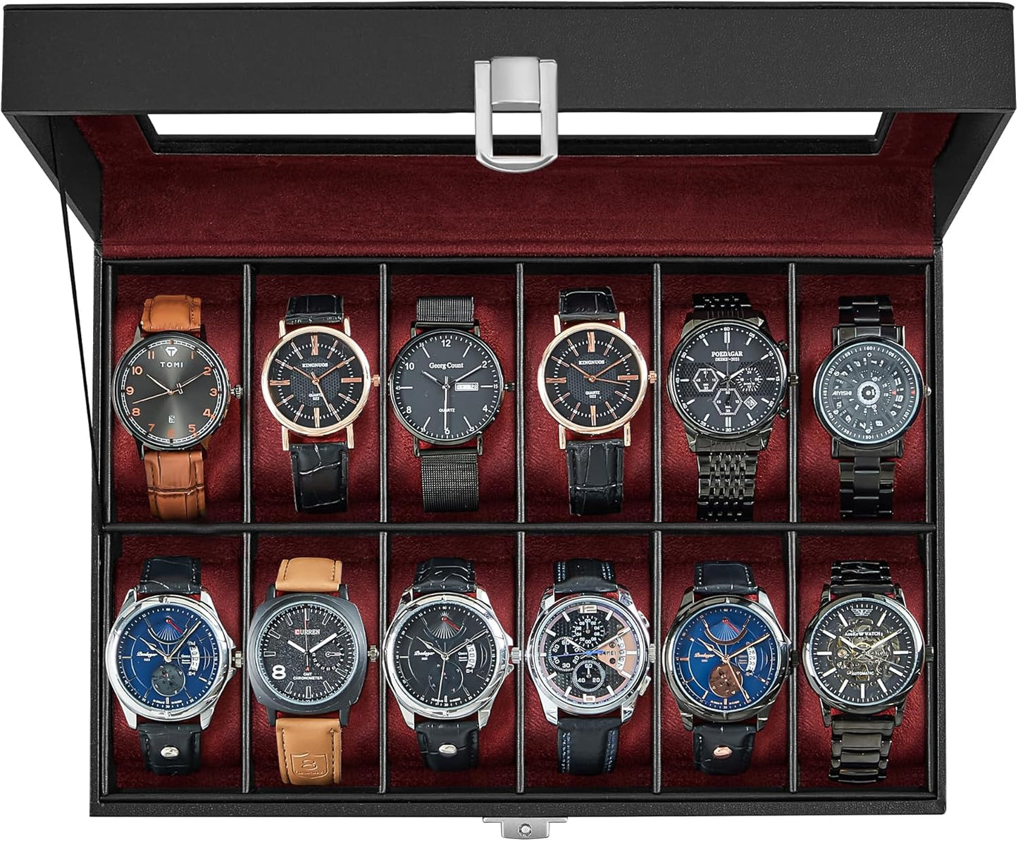 SONGMICS Watch Box, 6-Slot Watch Case, Watch Box Organizer, Black Synthetic Leather, Greenish Gray Lining UJWB06BK