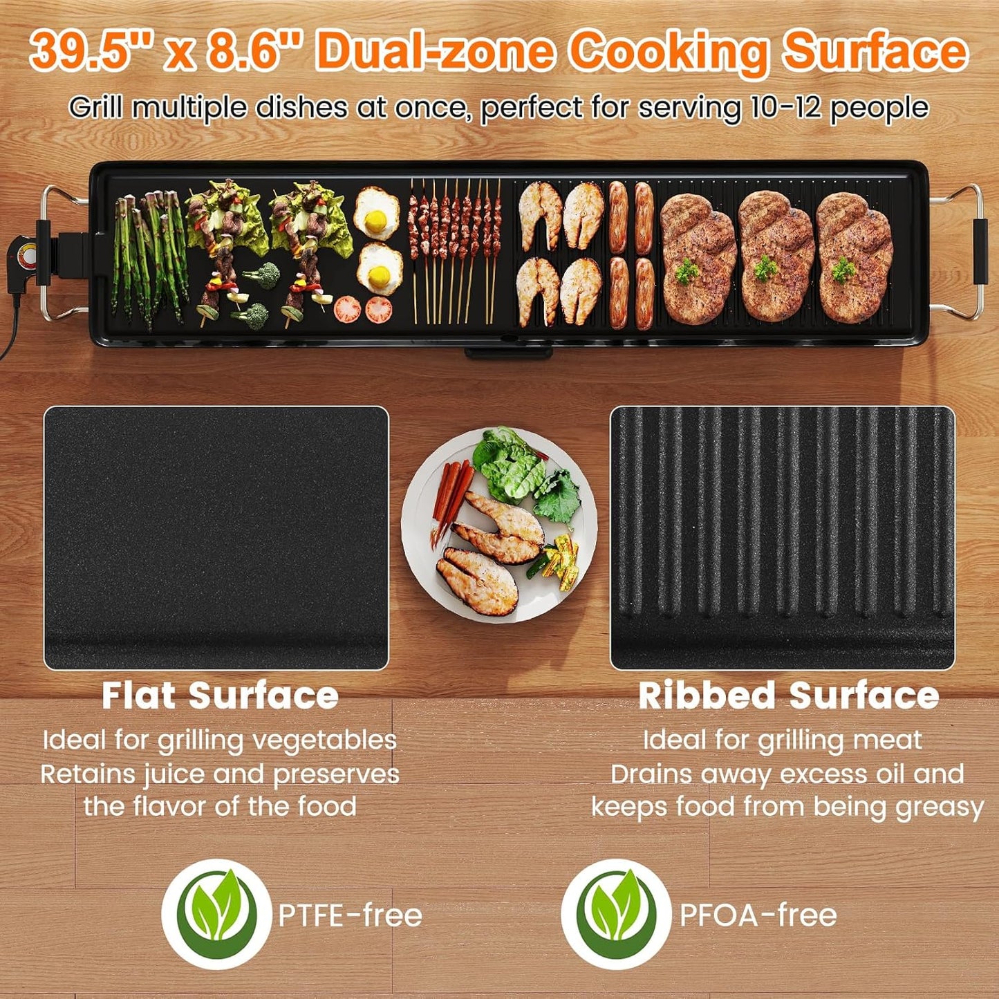 DORTALA 39.5" Electric Griddle, Portable Teppanyaki Grill for 10-12 Person with 2 Cooking Surface, Thermostat Control, Insulated Handles & Drip Tray, Indoor Outdoor BBQ Grill for Party, Camping & RV