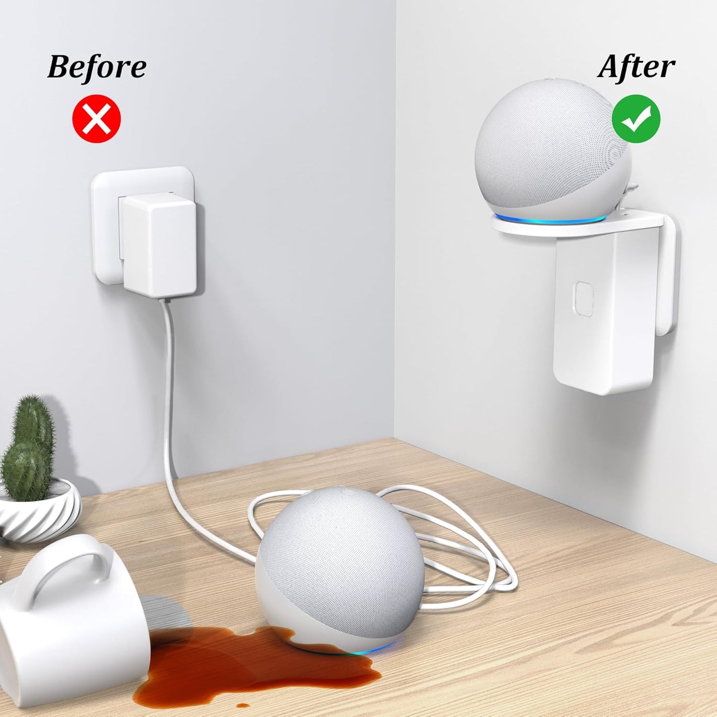 PlusAcc Wall Mount for Dot 5th & Dot 4th Gen & Pop & Google Nest Mini - Upgraded Alexa Dot 5th/Dot 4th Gen Outlet Holder Stand Shelf Accessories with Cable Management, No Drilling Required (White)
