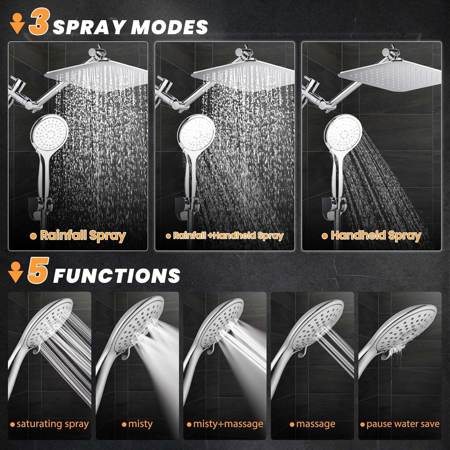 COSYLAND Rain Shower Head with Handheld - 304 Stainless Steel High Pressure 8 inch Square Rainfall Showerhead Combo with 5 Spray Mode 11 inch Extension Adjustable Arm & 60 inch Hose - Chrome