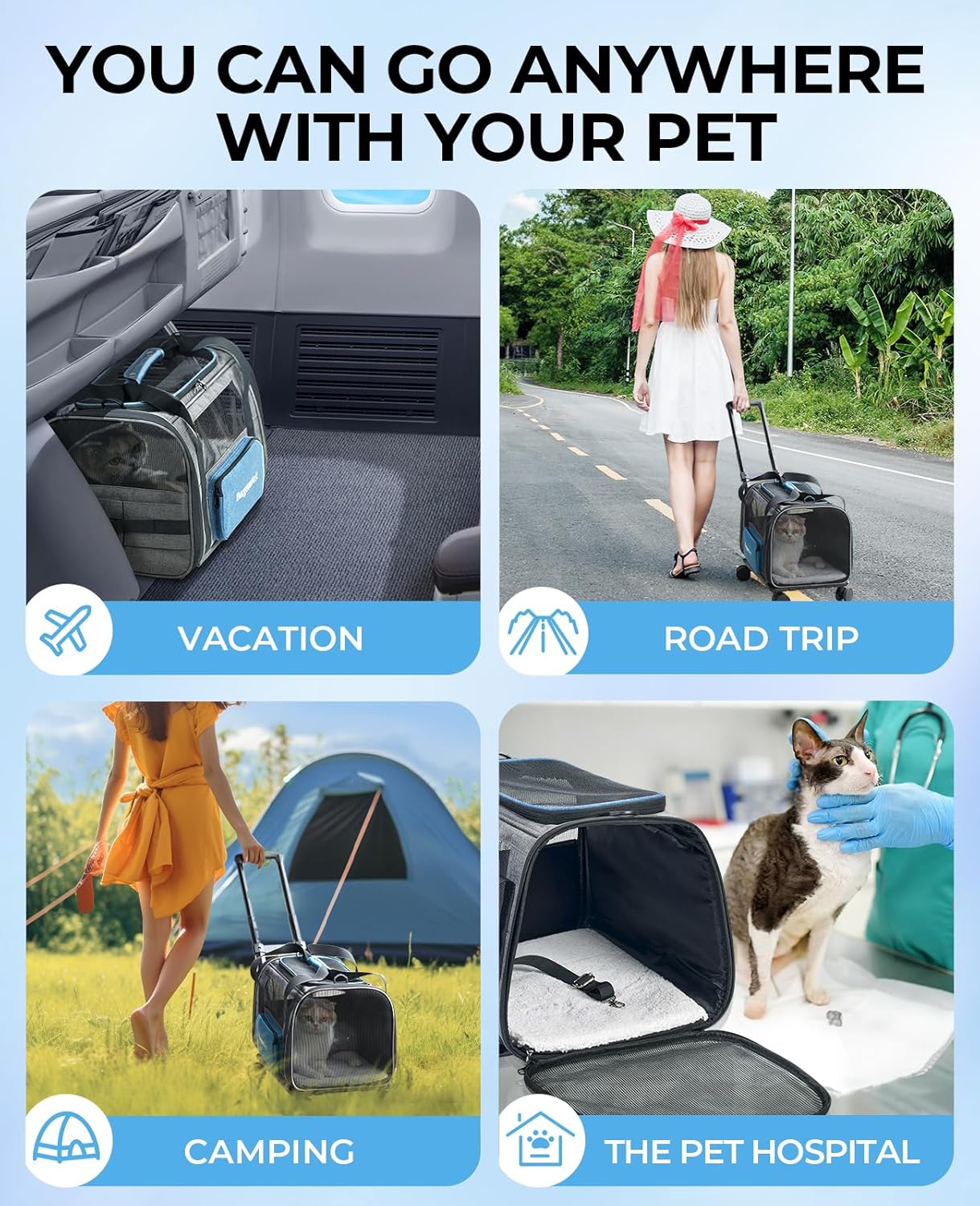 BurgeonNest Cat Carrier with Wheels, Airline Approved Pet Carrier for Cats Dogs 15 lbs, Grey and Blue, 18"L x 11"W x 11"H