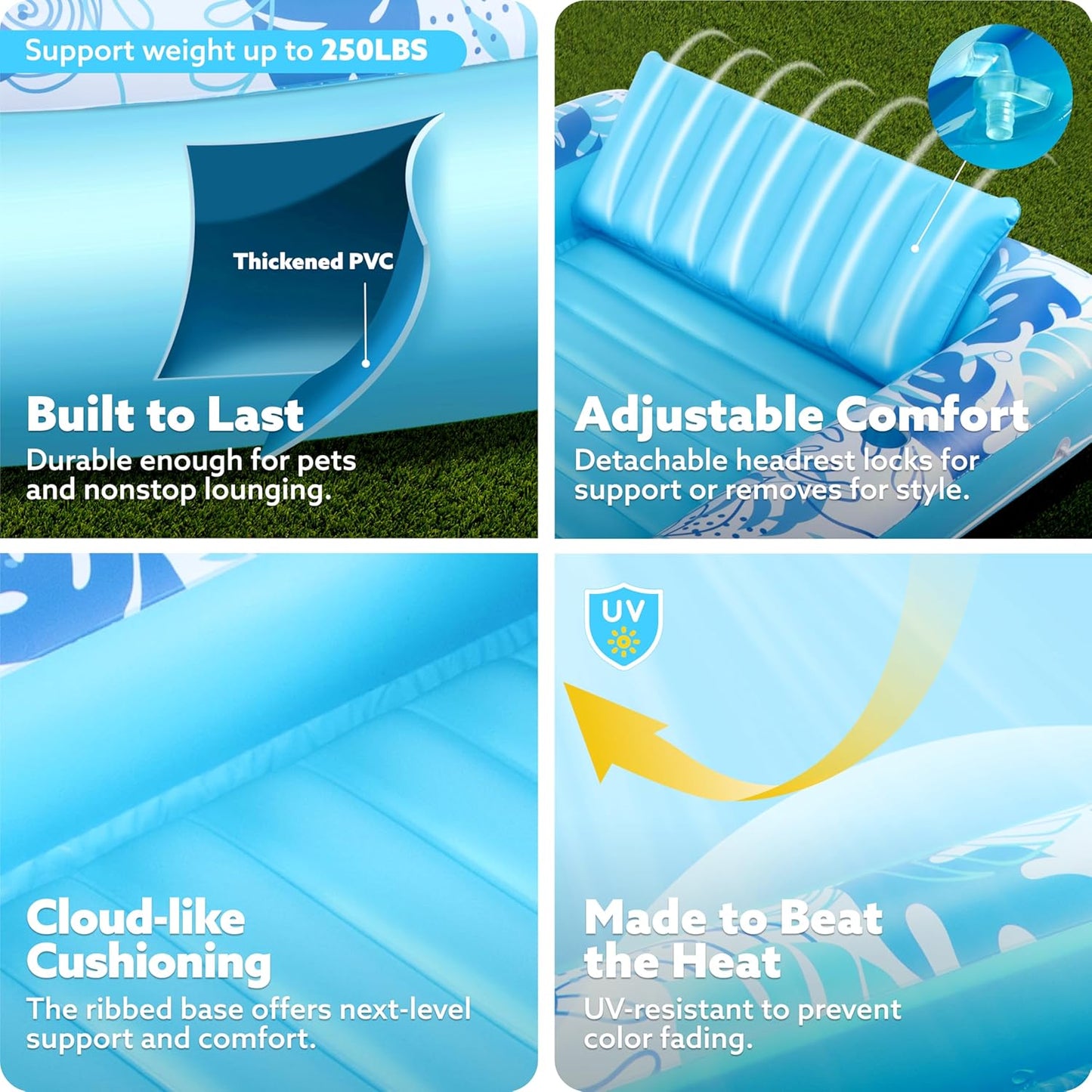 Sloosh Inflatable Tanning Pool Lounger Float-XL, 85" x 57" Extra Large Suntan Sun Tan tub for Adults, Bed Blow up, Raft Lounge Floatie, XL-Blue