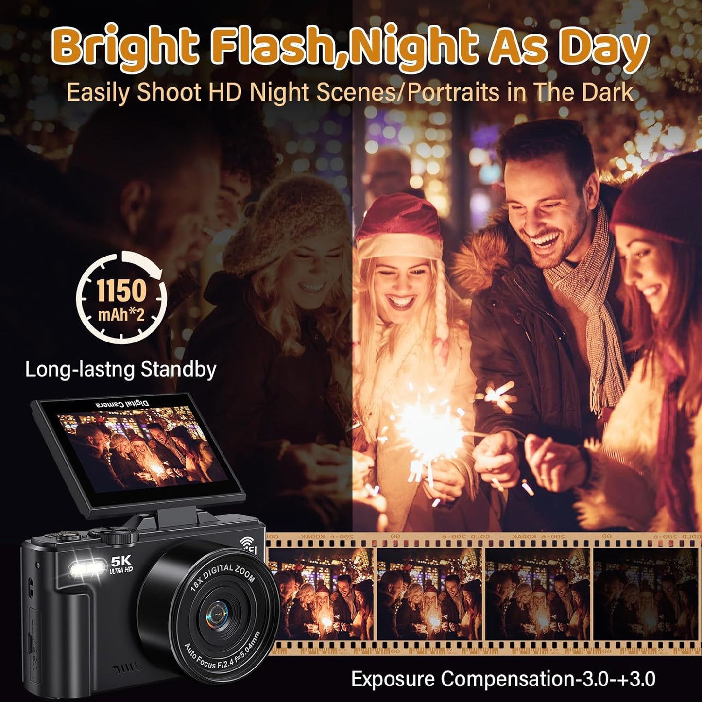 5K Digital Camera for Photography - WiFi 75MP UHD Vlogging Camera for YouTube - Autofocus Video Cameras with 3" 180° Flip Screen - Compact Vlog Travel Camara with 18X Zoom, 32GB SD Card, 2 Batteries