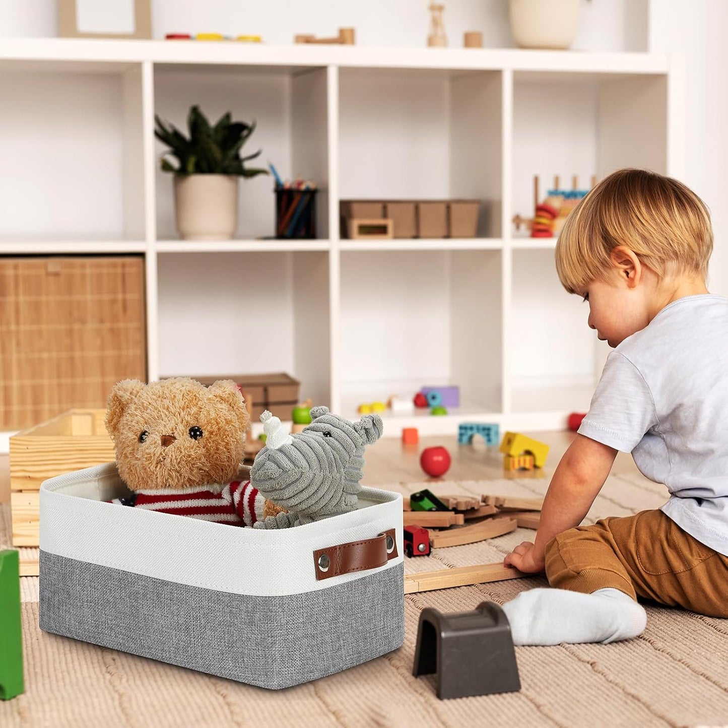 DULLEMELO Storage Baskets for Shelves, Fabric Collapsible Rectangular Storage Bins for Shelves, Closets, Nursery, Home, Office, Empty Gift Baskets (White&Teal)