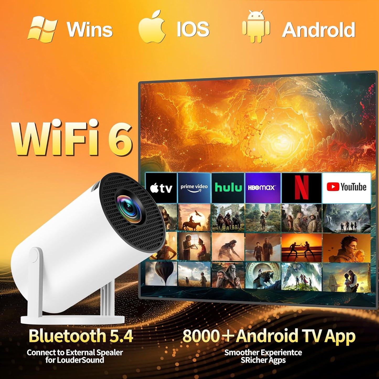 Mini Projector, Support 4K 1080P Portable Projector with Dual Band WiFi6 5G and Bluetooth 5.4, 270° Rotatable, Auto Keystone Correction, 35"-100" Video Projecto Compatible with HDMI/USB/Phone - White - PuriLite