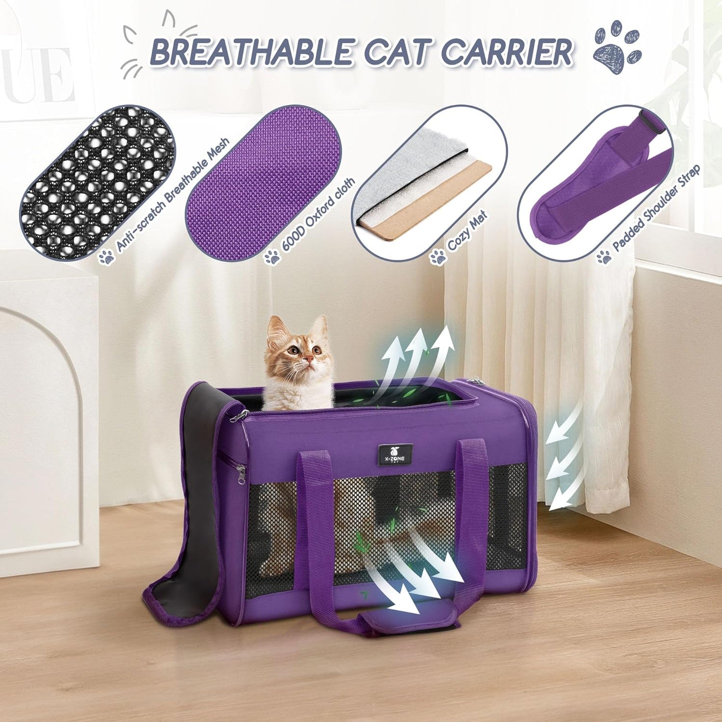 X-ZONE PET Cat Carrier Dog Carrier Pet Carrier for Small Medium Cats Dogs Puppies of 15 Lbs,Airline Approved Soft Sided Pet Travel Carrier,Dog Carriers for Small Dogs - Black Grey Purple Blue Brown