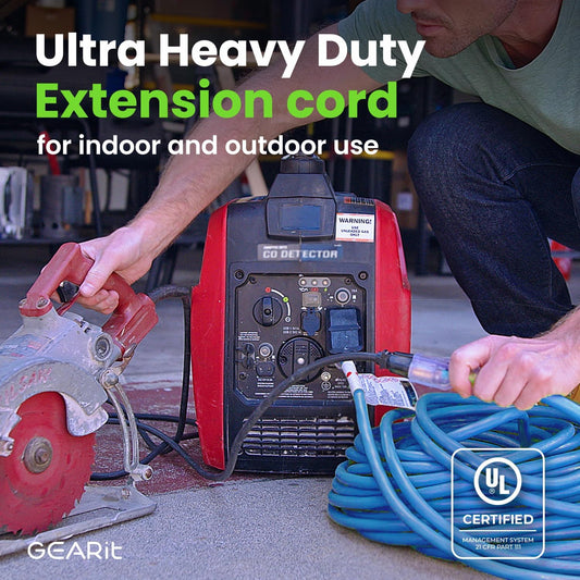 GEARit Outdoor 14 AWG Gauge 3 Prong Plug, Extension Cord, Ultra Heavy Duty SJEOW, 14/3, for Indoor/Outdoor, LED Lighted Plug, Resistant Rubber Jacket, Extreme Weather, 100 Feet, Blue