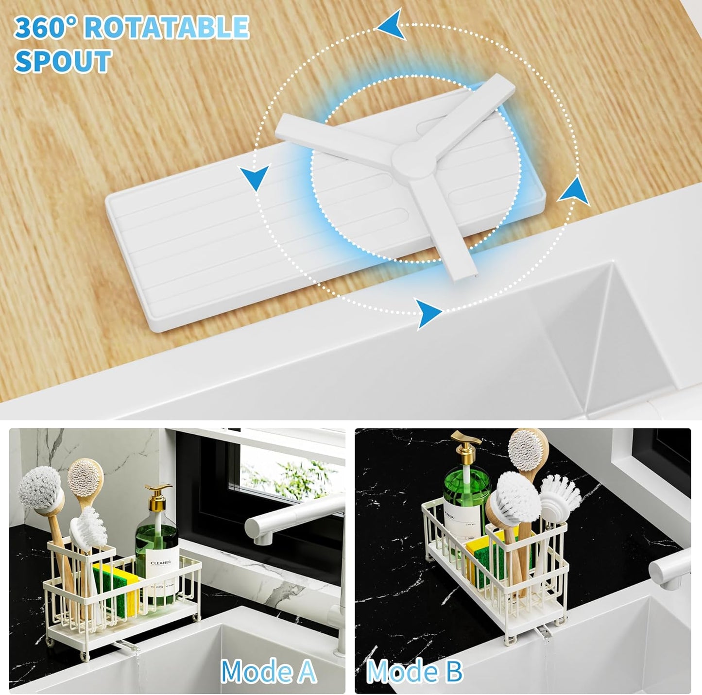 Cisily Sponge Holder for Kitchen Sink, Sink Caddy with High Brush Holder, Organzier Rustproof 304 Stainless Steel Dish Organizer Divider, Soap Dispenser Storage (Black)