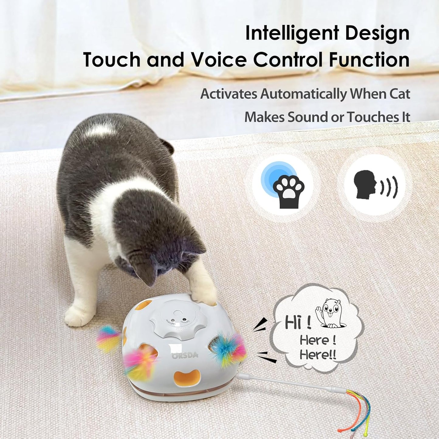 ORSDA Cat Toys Interactive, 4 in 1 Automatic Cat Toy, Hide and Seek, Whack a Mole, Magic Wand, Chasing Feather, with 4 Replacements, USB Rechargeable, for All Breed Sizes