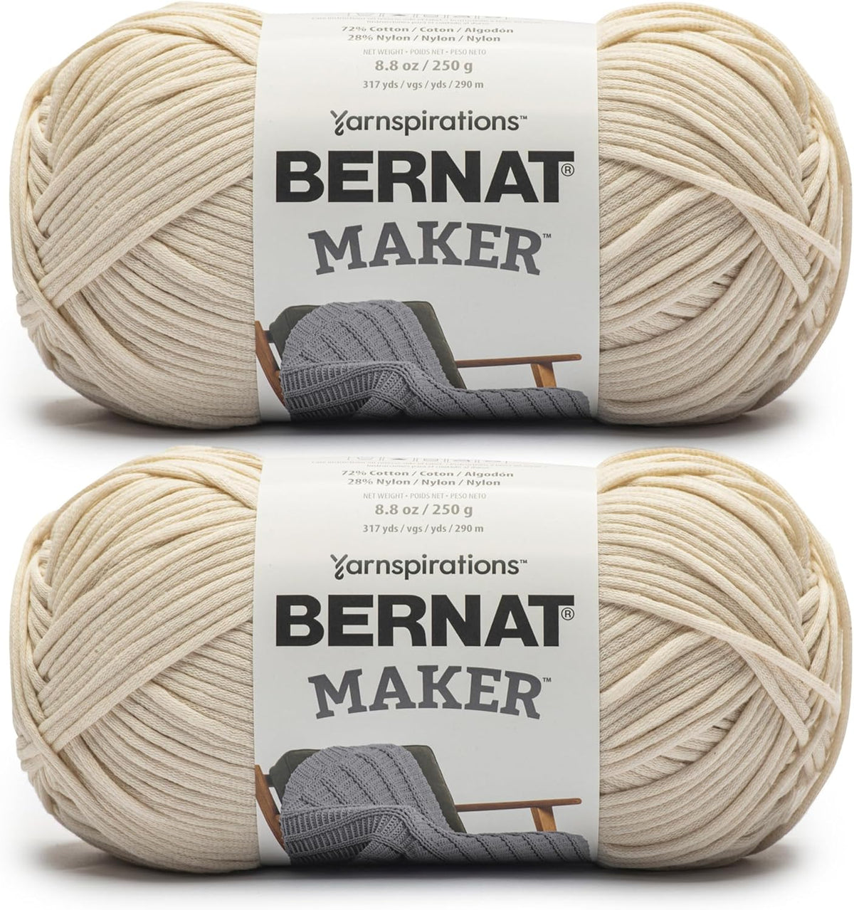 Bulky #5 Cotton Nylon Yarn (Cream) – 2 Pack 250g/8.8oz, 317 Yards Each – Soft, Machine Washable Yarn for Knitting, Crochet, Amigurumi & Home Decor - PuriLite