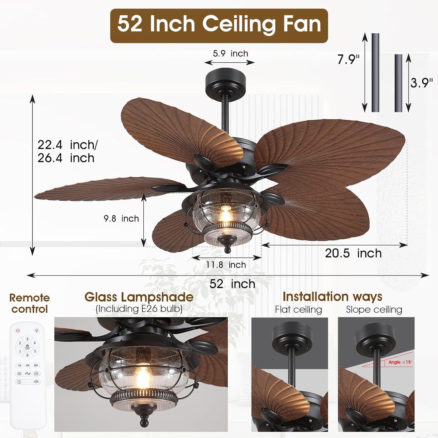Wiviniya Ceiling Fans with Lights and Remote/APP Control, 44 Inch Tropical Palm Leaf Ceiling Fan with LED Lights, Outdoor Ceiling Fans for Patios Porch, Reversible Quiet Motor, Dimmable, Light Brown