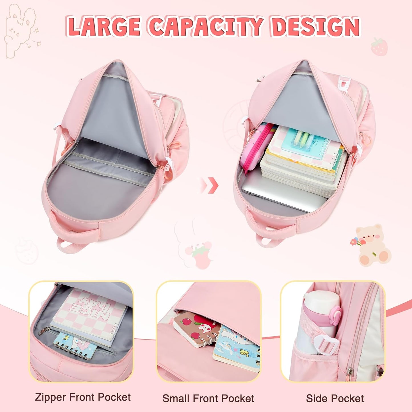 DIGOBAY Girls Backpack, School Backpack for Girls with Lunch Box Pencil Case Set for Teen Kids Girl Elementary Primary Middle High College School Bookbag with Cute Pins Pink