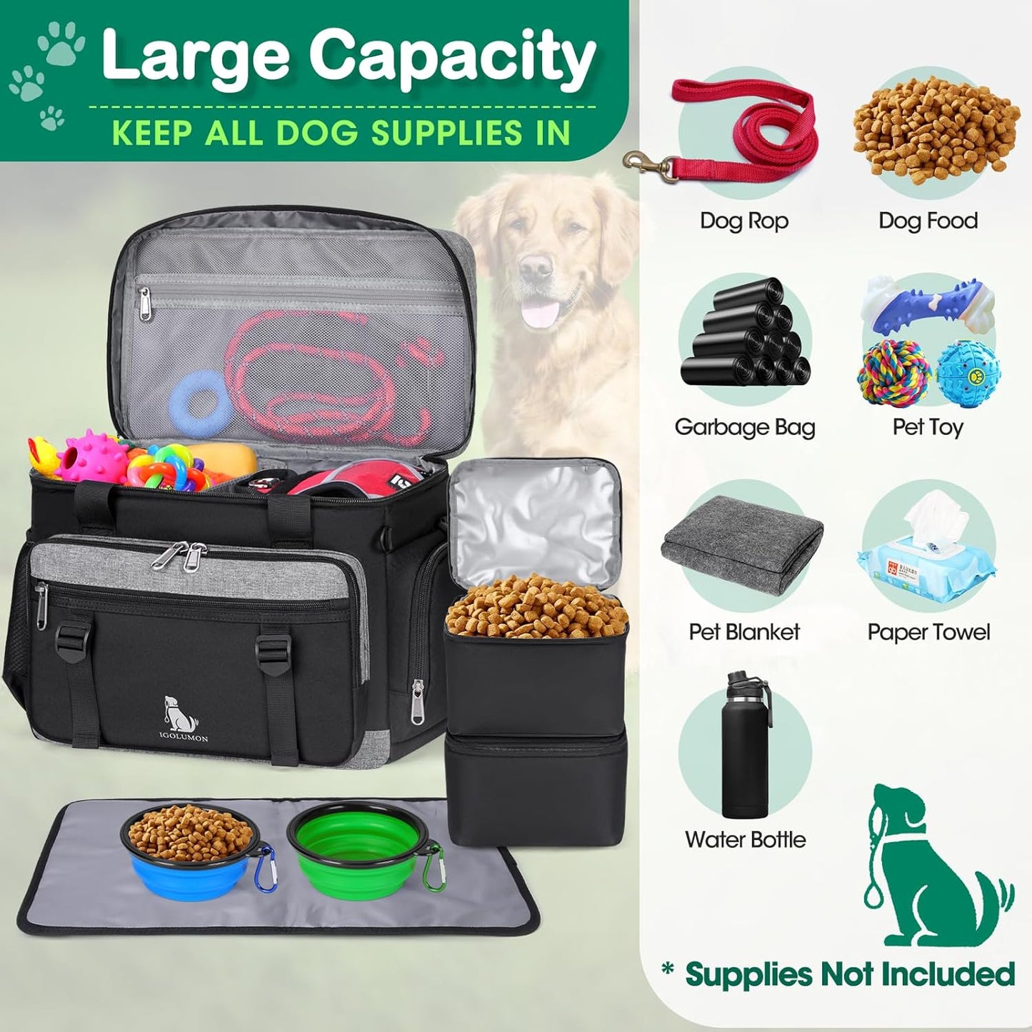 IGOLUMON Dog Travel Bag Weekend Pet Travel Bag Set for Supplies Large Dog Camping Kit Airline Approved Tote Organizer with Multi Pockets, 2 Large Food Containers, 2 Dog Bowls, 1 Feeding Mat