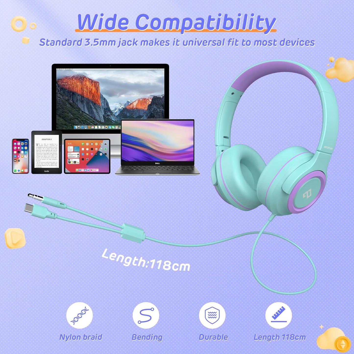 INFURTURE Kids Headphones for School Travel, 94dB Safe Volume Limited, HD Mic Stereo Sound Over-Ear Girls Boys Headphones for Kid, Foldable 3.5mm and USB-C Wired Headphones for iPad Computer