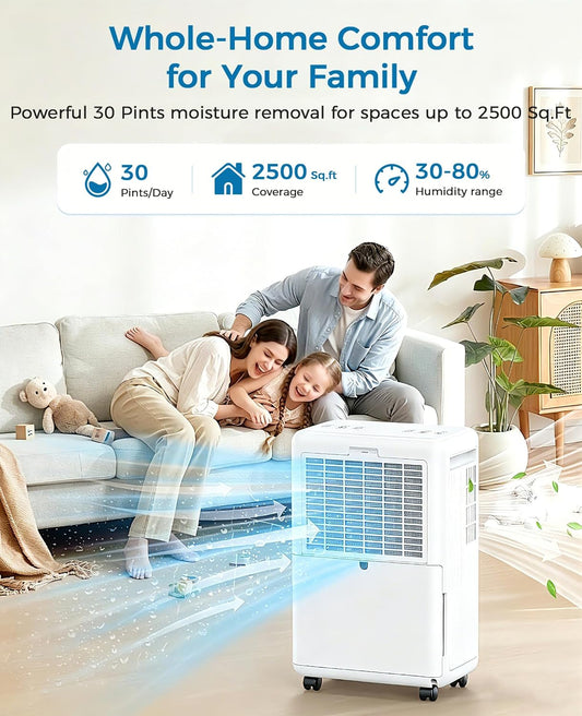 VEAGASO 30 Pints Dehumidifiers for Basements, 2500 Sq.Ft Dehumidifier for Bedroom Bathroom, Portable Dehumidifier with Continuous Drain Hose, Auto Defrost System, Quiet Design