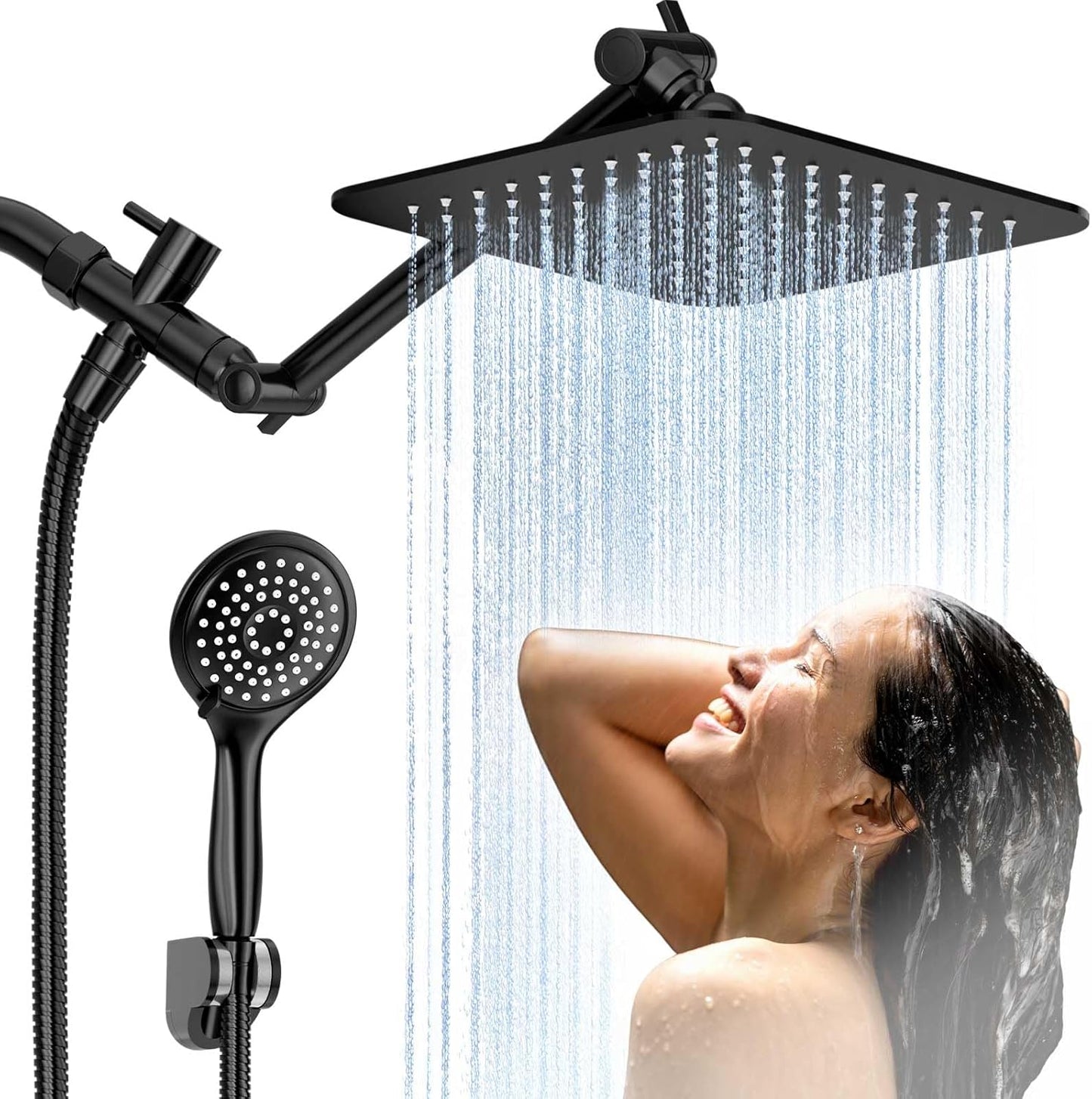 COSYLAND Rain Shower Head with Handheld - 304 Stainless Steel High Pressure 8 inch Square Rainfall Showerhead Combo with 5 Spray Mode 11 inch Extension Adjustable Arm & 60 inch Hose - Chrome
