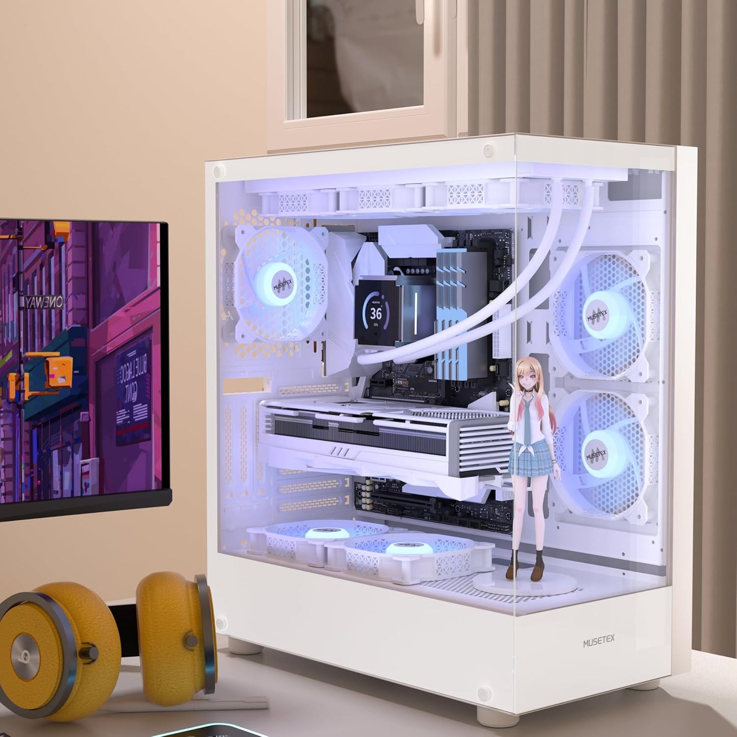 MUSETEX PC CASE ATX 3 Non-LED Fans Pre-Installed, Type-C Mid Tower Computer Case with Full View Dual Tempered Glass, Gaming PC Case,White(K2)