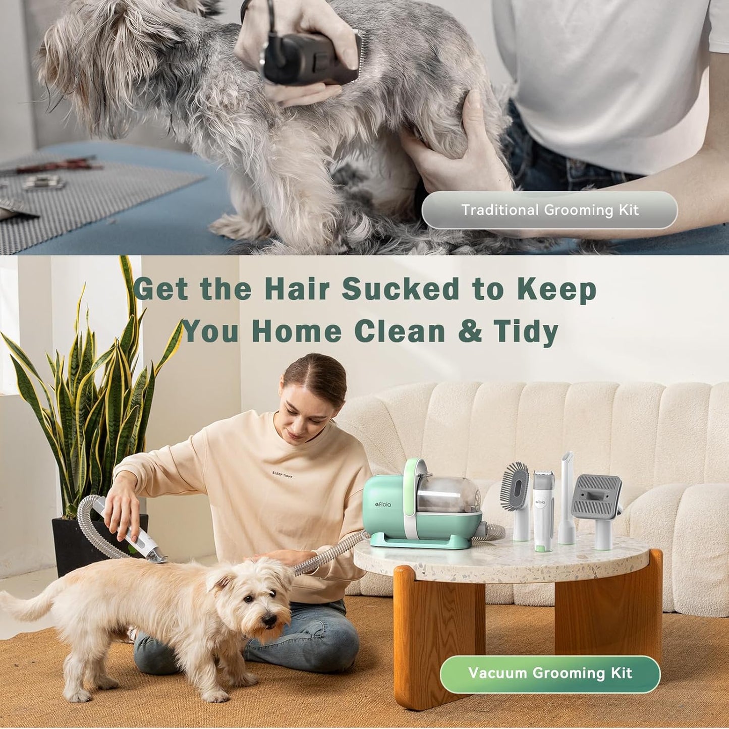 Afloia Dog Grooming Kit, Pet Grooming Vacuum & Dog Clippers Nail Trimmer Grinder & Dogs Brush for Shedding with 6 Pets Groom Tools, Low Noise Dogs Hair Remover Pets Supplies (White)