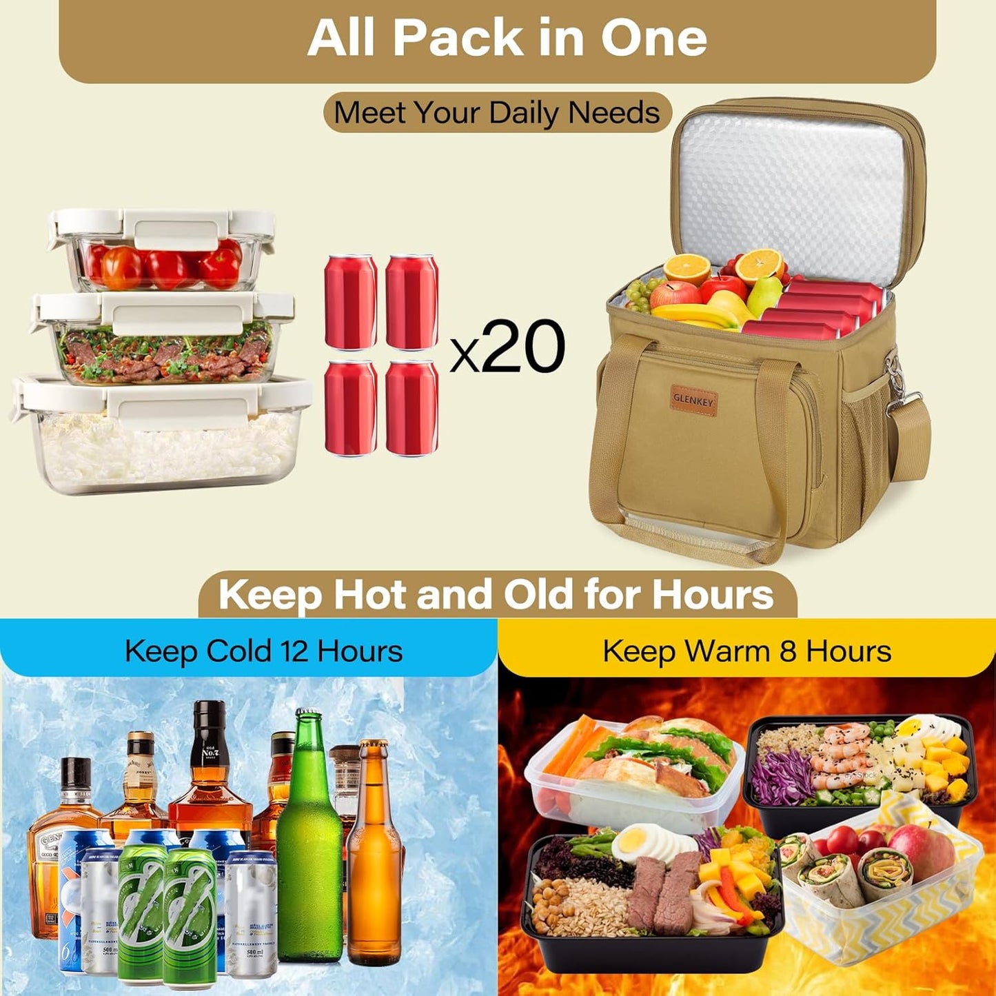 Expandable Large Lunch Bag, Double Deck Insulated Lunch Box Leakproof Durable Soft Cooler Bag for Men Women Adults Work Construction Beach Picnic Daytrip,16L,Black, GLENKEY