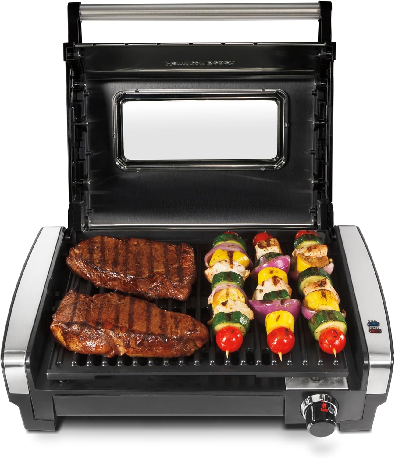 Hamilton Beach Electric Indoor Searing Grill with Viewing Window,Removable Easy-to-Clean Nonstick Plate, 6-Serving, Extra-Large Drip Tray, Stainless Steel, 25361