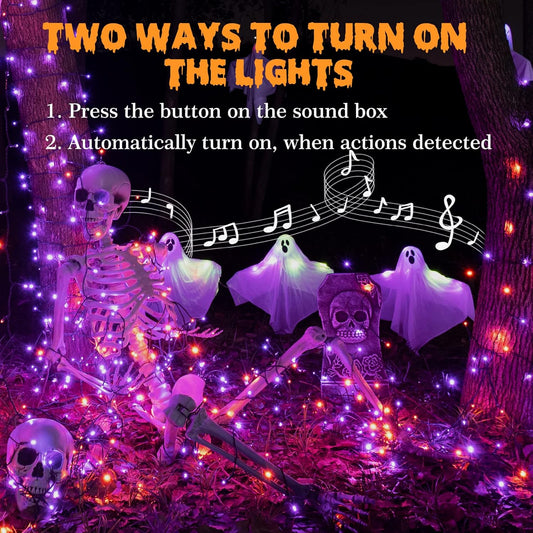 Halloween String Lights Outdoor with Music Sync Spooky Sounds 300 LED 114.8ft Indoor Fairy String Lights Waterproof Memory Function for Halloween Party Haunted House Decorations (Purple & Orange) - PuriLite