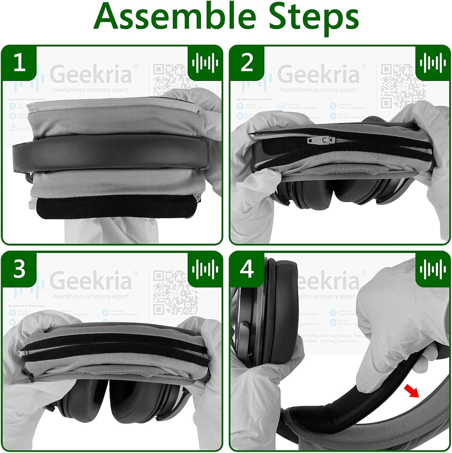 Geekria Hook and Loop Headband Cover + Pad Set, Protector with Zipper Closure Compatible with Medium Sized Headphones, Easy DIY Installation (Protein Leather/Black)